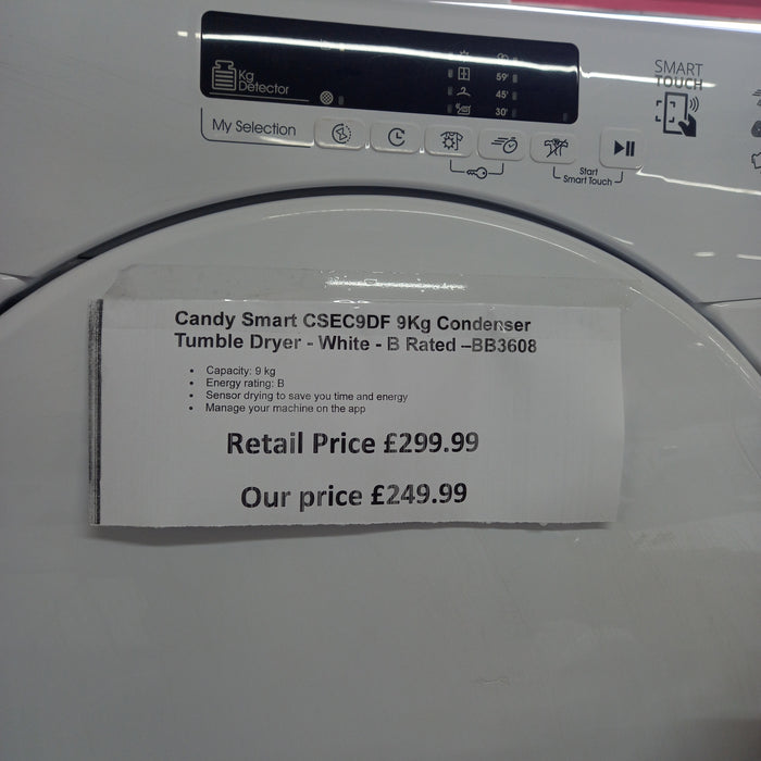 Grade A Candy Smart CSEC9DF 9Kg Condenser Tumble Dryer - White - B Rated -BB3608