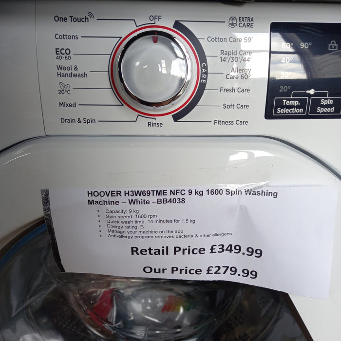 Grade A HOOVER H3W69TME NFC 9 kg 1600 Spin Washing Machine - White -BB4038
