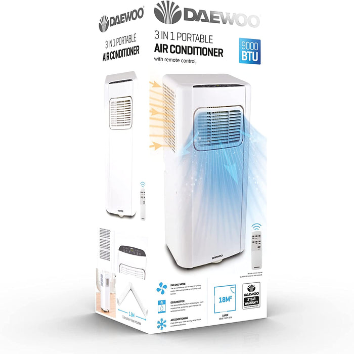 Daewoo 3 In 1 Portable Air Conditioning Unit, 5000 BTU, Fan Only Mode, Dehumidifier, Air Conditioning With LED Display And Remote Control, 24hour Timer For Home And Office