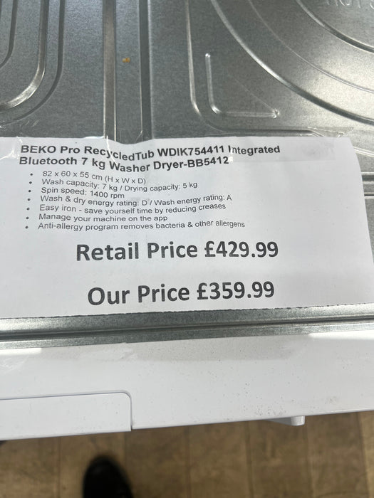 Grade A BEKO RecycledTub WDIK754411 Integrated Bluetooth 7 kg Washer Dryer BB5412