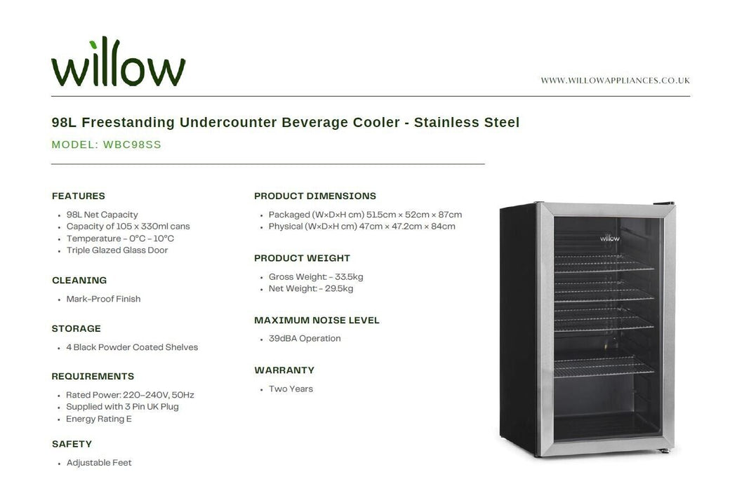 Willow WBC98SS 98L Freestanding Undercounter Beverage Cooler – Stainless Steel
