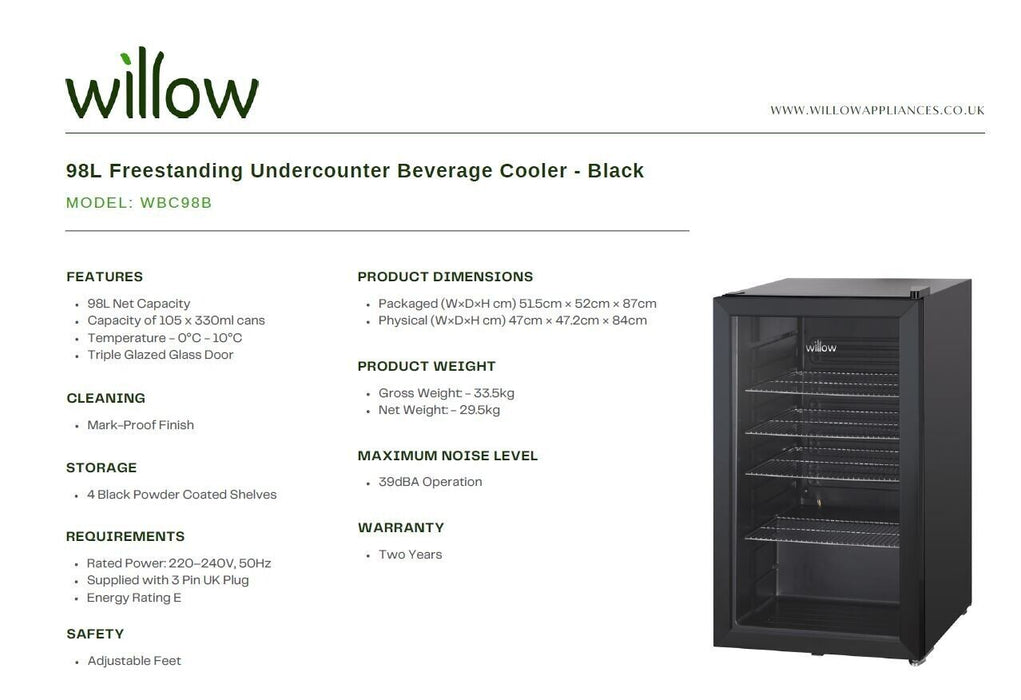 Willow WBC98B 98L Freestanding Undercounter Beverage Cooler – Black