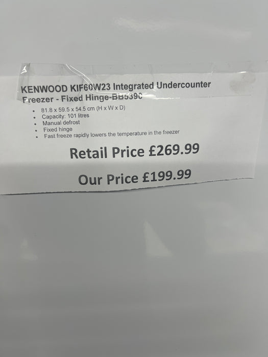 Grade A KENWOOD KIF60W23 Integrated Undercounter Freezer - Fixed Hinge BB5390