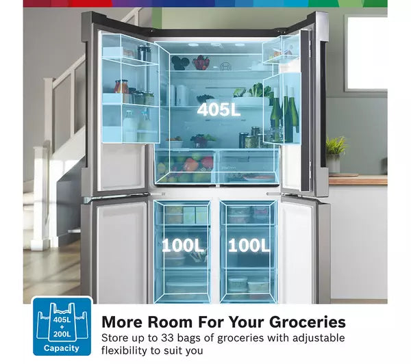 Bosch KFN96VPEAG Series 4 American Fridge Freezer, Non-Plumbed, Stainless Steel, E Rated