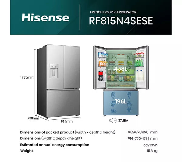 Grade A HISENSE PureFlat RF815N4SESE Smart Fridge Freezer - Stainless Steel BB5238