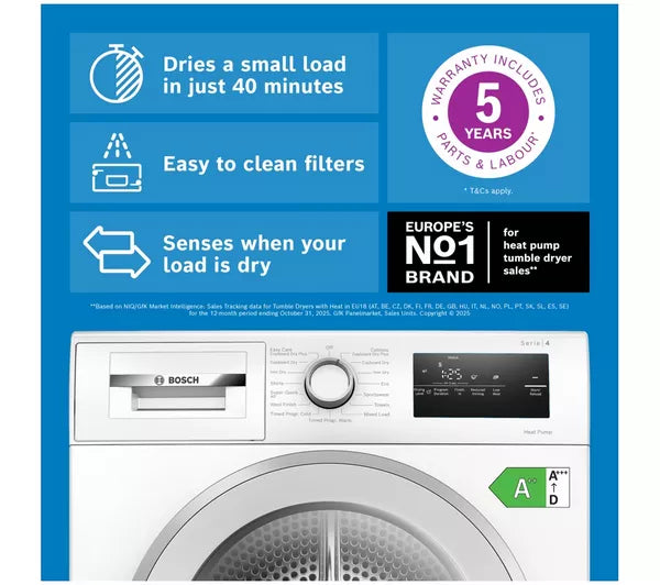 BOSCH Series 4 WTH85226GB 8 kg Heat Pump Tumble Dryer - White
