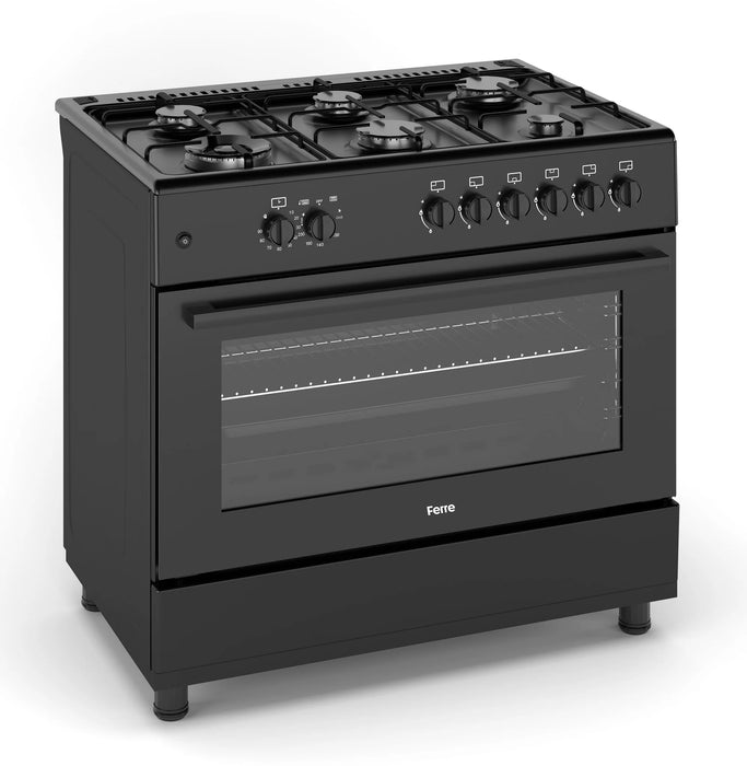 Ferre F9S60G2-BL 90cm Gas Range Cooker With 6 Burner(1 Wok) Gas Hob - Matte Black