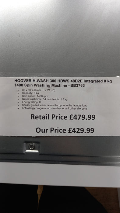 Grade A HOOVER H-WASH 300 HBWS 48D2E Integrated 8 kg 1400 Spin Washing Machine -BB3763