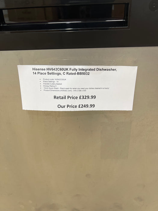 Grade A Hisense HV642C60UK Fully Integrated Dishwasher, 14 Place Settings, C Rated-BB5032