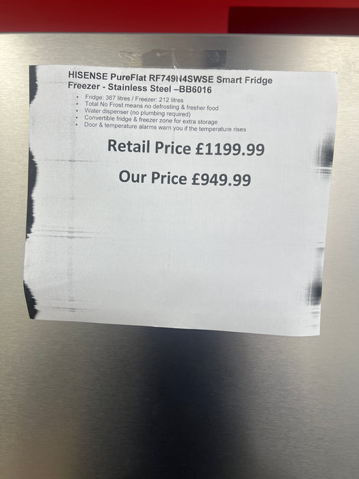 Grade A HISENSE PureFlat RF749N4SWSE Smart Fridge Freezer - Stainless Steel -BB6016