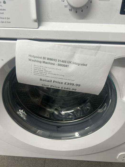 Grade A Hotpoint BIWMHG91485UK Integrated 9kg Washing Machine with 1400 rpm - White - C Rated -BB5041