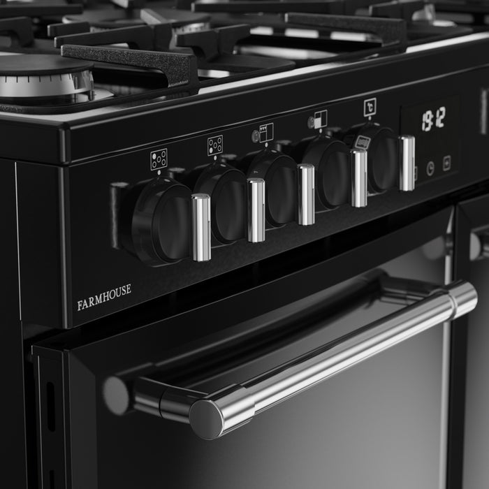 Belling Farmhouse 90DF 90cm Dual Fuel Range Cooker, Black, A Rated (444411820)