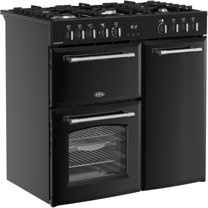 Belling Farmhouse 90DF 90cm Dual Fuel Range Cooker, Black, A Rated (444411820)