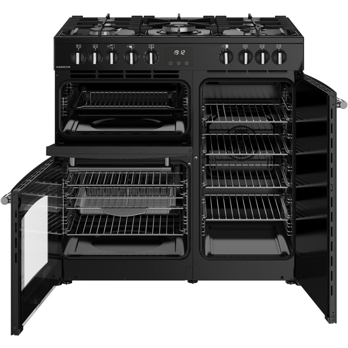 Belling Farmhouse 90DF 90cm Dual Fuel Range Cooker, Black, A Rated (444411820)