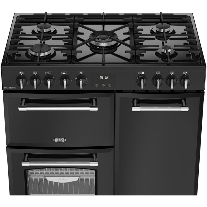 Belling Farmhouse 90DF 90cm Dual Fuel Range Cooker, Black, A Rated (444411820)