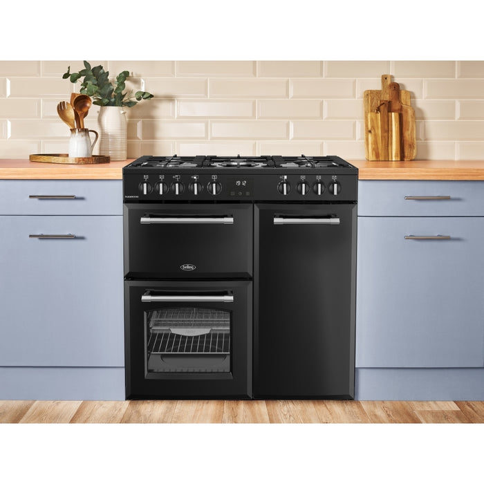 Belling Farmhouse 90DF 90cm Dual Fuel Range Cooker, Black, A Rated (444411820)
