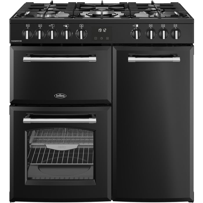 Belling Farmhouse 90DF 90cm Dual Fuel Range Cooker, Black, A Rated (444411820)
