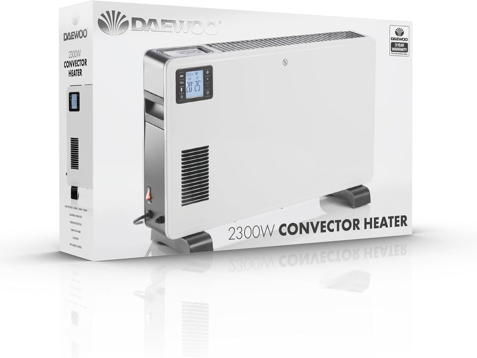 Daewoo Convector Radiator HEA1812 Free Standing Electric Space Heater LCD Display 2300W Three Heat Settings, Turbo and Timer With Remote Control White