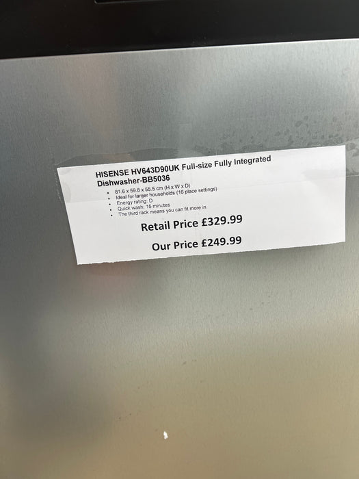 Grade A Hisense Integrated Dishwasher - Auto Dry D-Rated Silver control panel-BB5036