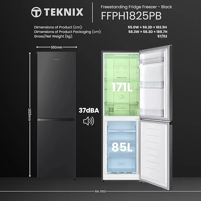Teknix FFPH1825PB 256L Black Fridge Freezer - Total No Frost - E energy