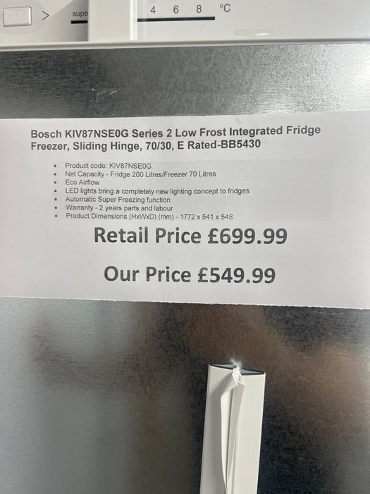 Grade A BOSCH Series 2 KIV87NSE0G Integrated 70/30 Fridge Freezer - Sliding Hinge BB5430