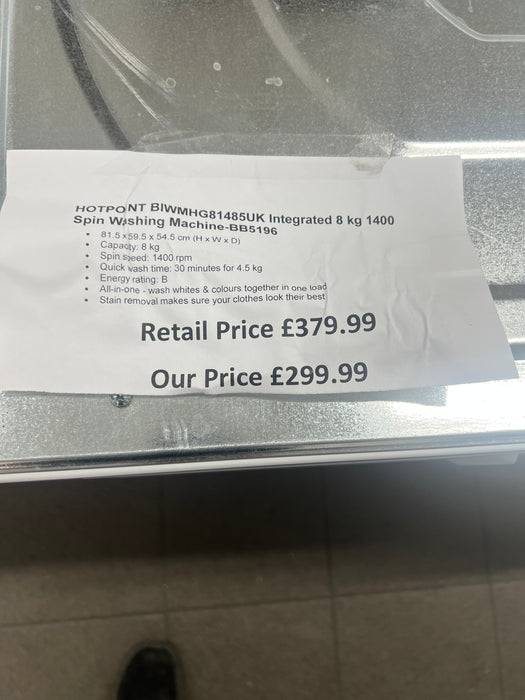 Grade A HOTPOINT BIWMHG81485UK Integrated 8 kg 1400 Spin Washing Machine- BB5196