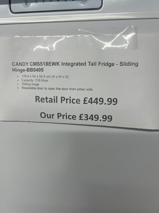 Grade A CANDY CMS518EWK Integrated Tall Fridge - Sliding Hinge BB5405