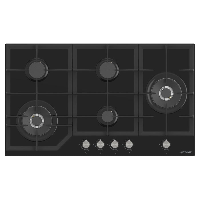 Teknix BITK290GH5B, 90cm Gas Hob, Black Glass