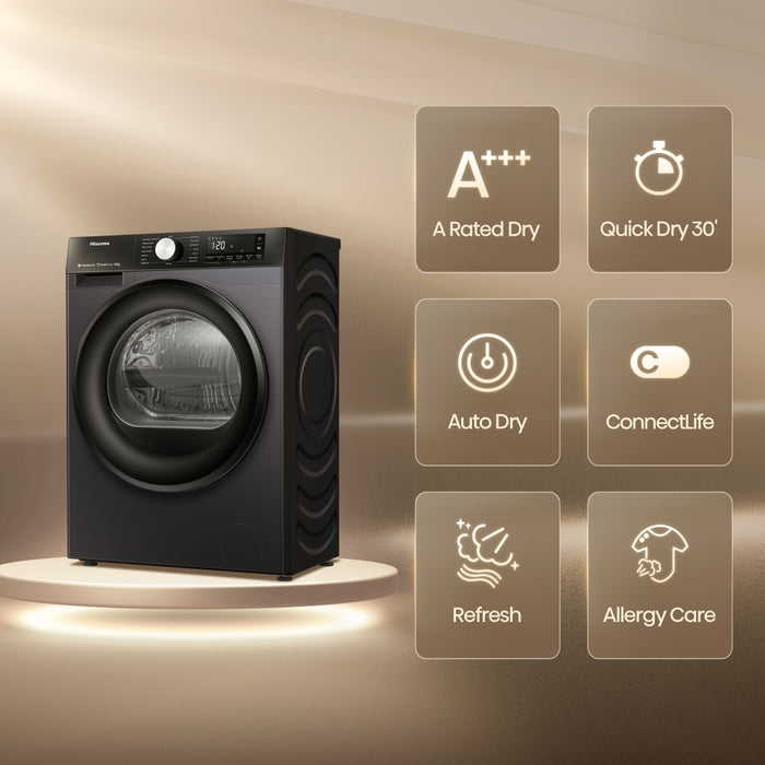 Hisense DH3S802BB3 Heat Pump Tumble Dryer, 8kg, Black, A+++ Rated