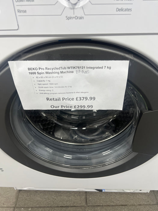 Grade A BEKO Pro RecycledTub WTIK76121 Integrated 7 kg 1600 Spin Washing Machine -BB9405