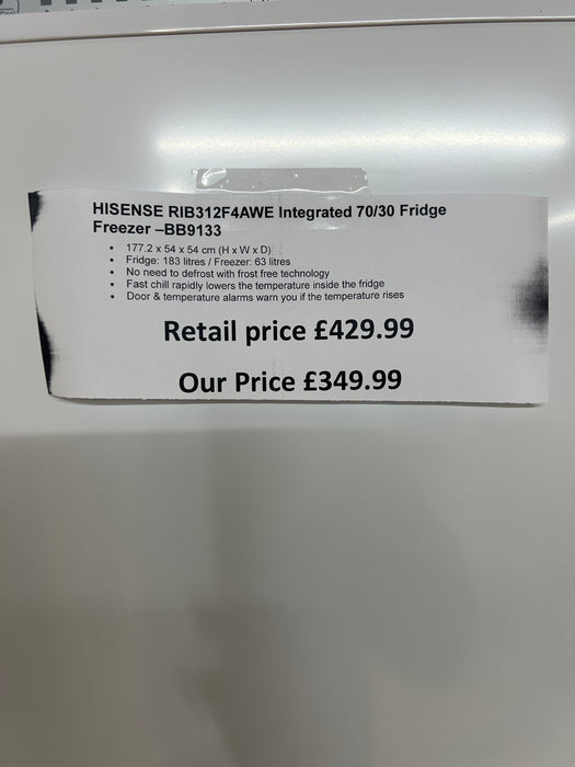 Grade A Hisense RIB312F4AWE No Frost Integrated Fridge Freezer, Sliding Hinge, 70/30, White, E Rated BB9426