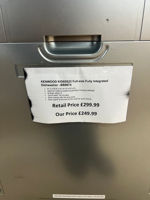 Grade A KENWOOD KID60S23 Full-size Fully Integrated Dishwasher BB9674