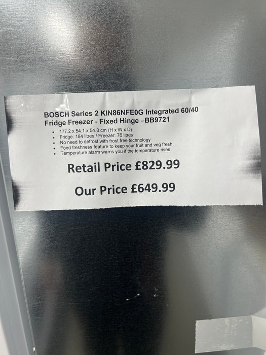 Grade A Bosch Series 2 KIN86NFE0G Integrated 60/40 Fridge Freezer, White BB9721