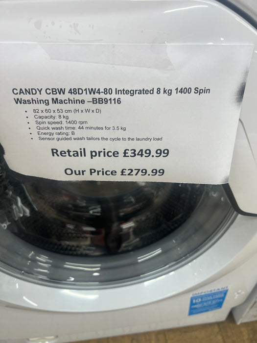 Grade A CANDY CBW 48D1W4-80 Integrated 8 kg 1400 Spin Washing Machine BB9116