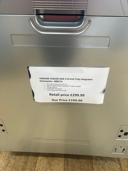 Grade A Hisense HV622E15UK Fully Integrated Standard Dishwasher - Silver Control Panel BB9114