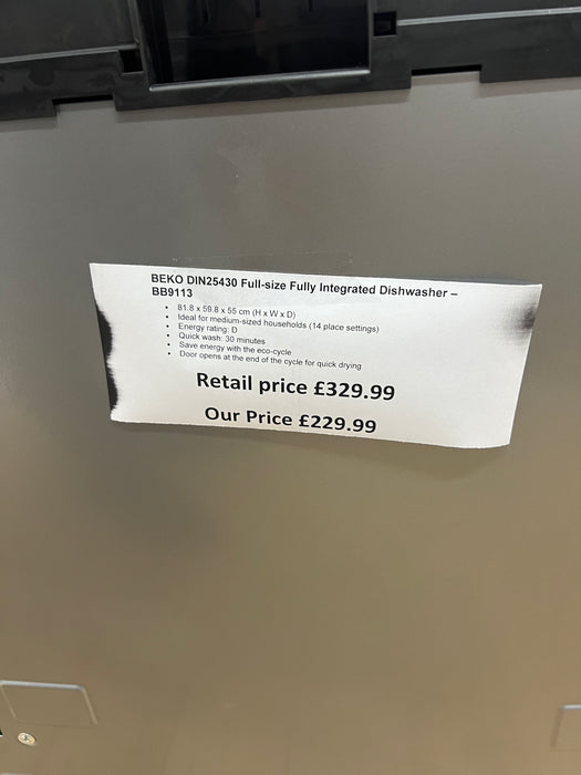 Grade A BEKO DIN25430 Full-size Fully Integrated Dishwasher BB9113