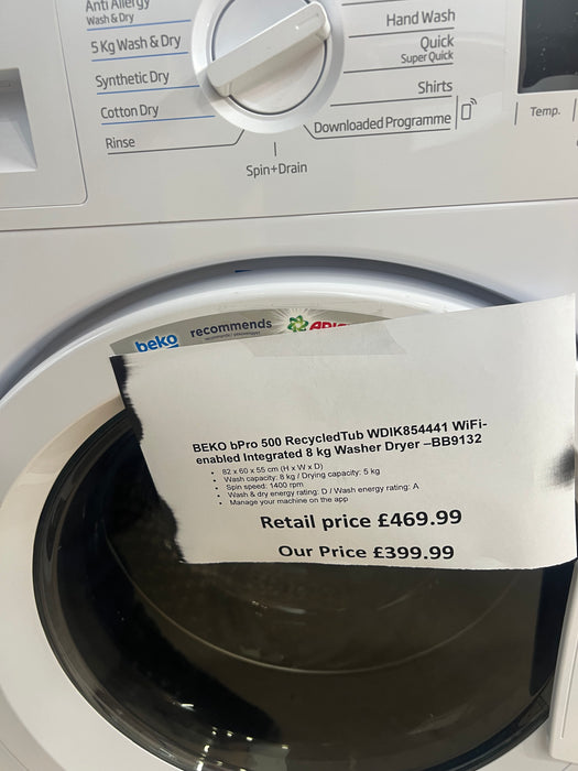 Grade A BEKO Pro RecycledTub WDIK854441 Bluetooth Integrated 8 kg Washer Dryer -BB9132