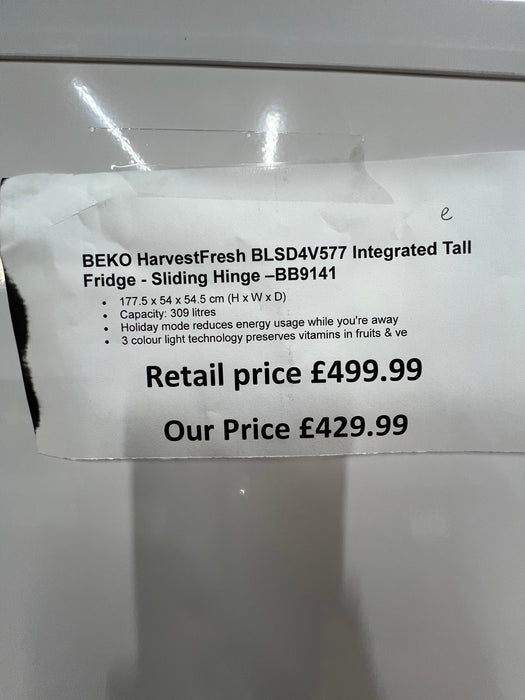 Grade A BEKO HarvestFresh BLSD4V577 Integrated Tall Fridge - Sliding Hinge BB9141