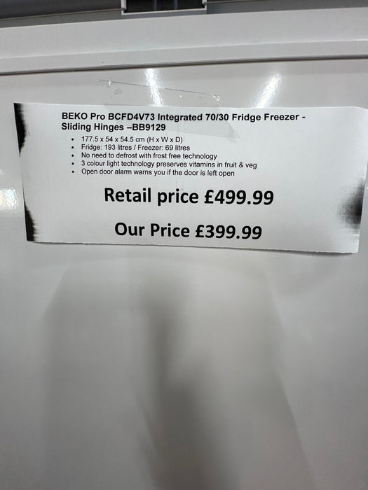 Grade A BEKO Pro BCFD4V73 Integrated 70/30 Fridge Freezer - Sliding Hinges BB9129