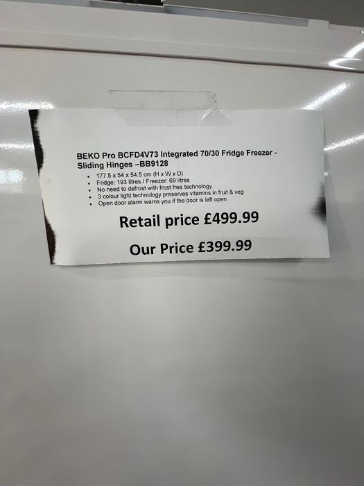 Grade A BEKO Pro BCFD4V73 Integrated 70/30 Fridge Freezer - Sliding Hinges BB9128