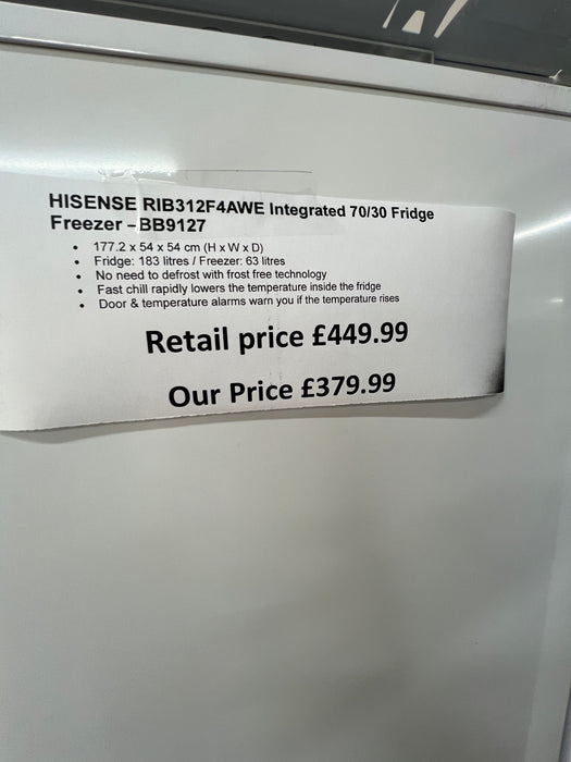 Grade A Hisense RIB312F4AWE No Frost Integrated Fridge Freezer, Sliding Hinge, 70/30, White, E Rated BB9127