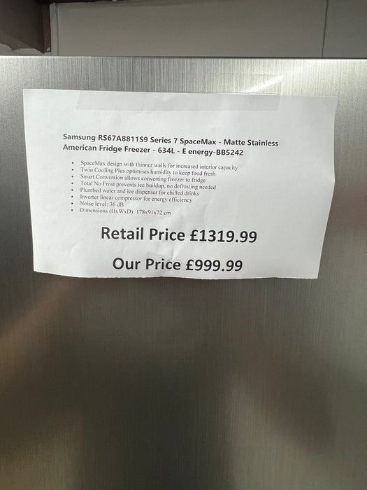 Grade A SAMSUNG Series 7 SpaceMax RS67A8811S9/EU American-Style Fridge Freezer - Matte Stainless BB5242