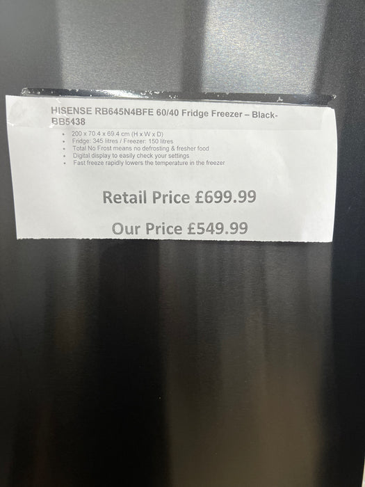 Grade A HISENSE RB645N4BFE 60/40 Fridge Freezer - Black BB5438