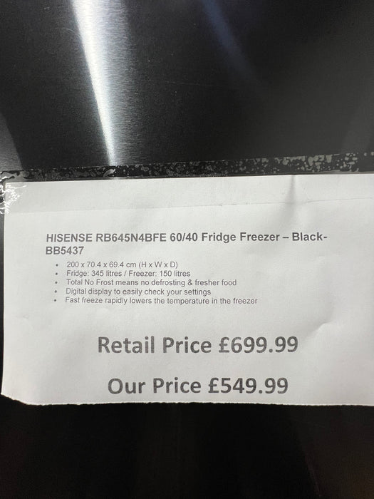Grade A HISENSE RB645N4BFE 60/40 Fridge Freezer - Black BB5437