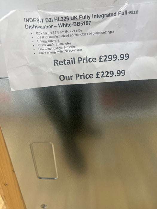 Grade A INDESIT D2I HL326 UK Fully Integrated Full-size Dishwasher - White -BB5197