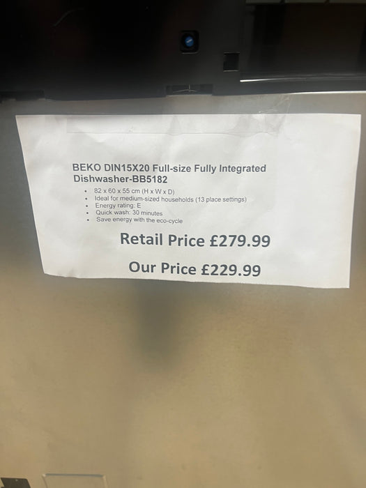 Grade A BEKO DIN15X20 Full-size Fully Integrated Dishwasher -BB5182