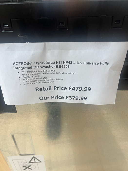 Grade A Hotpoint H8IHP42L 60cm Hydroforce Fully Integrated Dishwasher-BB5208