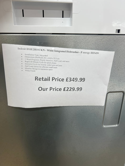 Grade A INDESIT DSIE 2B10 UK N Slimline Fully Integrated Dishwasher BB5459