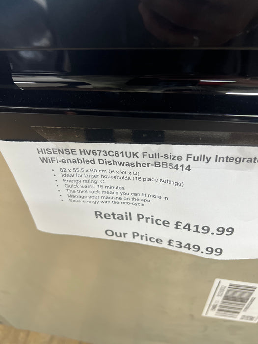 Grade A Hisense HV673C61UK Fully Integrated Dishwasher, 16 Place Settings, C Rated -BB5414