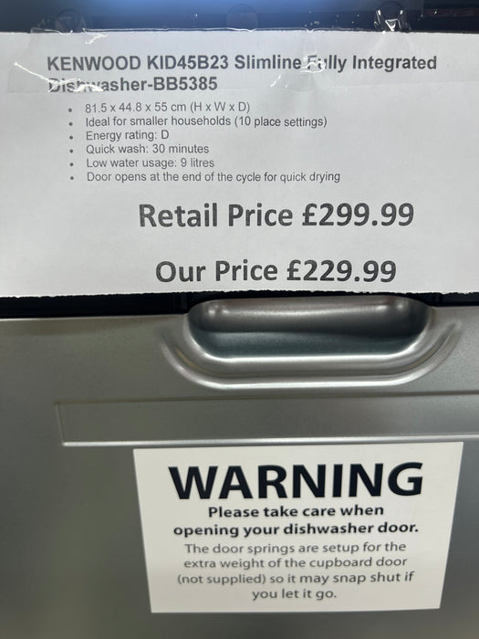 Grade A KENWOOD KID45B23 Slimline Fully Integrated Dishwasher BB5385